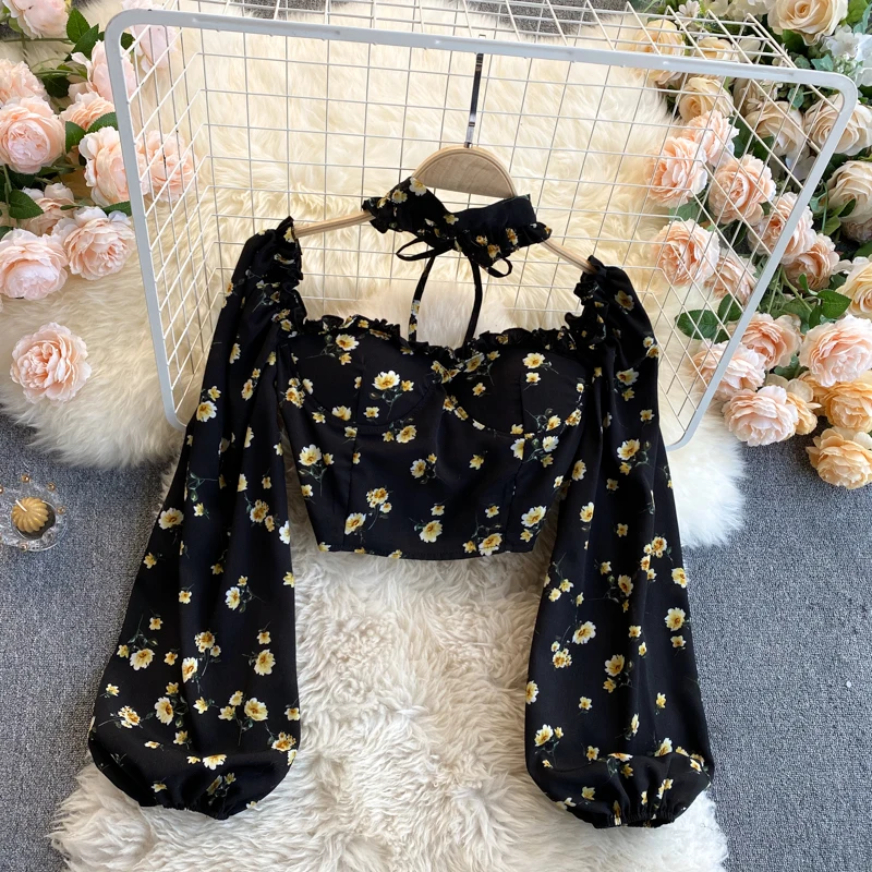 Women 2021 Sexy Floral Print Cropped Blouses Vintage Puff Long Sleeve Zipper Crop Top Ruffle Female Shirts Blusa Chic Tops htzmo sexy dress sets summer halter lace crop top pencil long shirt two piece set club beach wear casual chic outfits white 2021