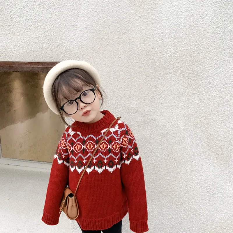 Зимние вязаные свитера для маленьких девочек, детские рождественские костюмы, плотные пуловеры в Корейском стиле, топы, Детский свитер - Цвет: Красный