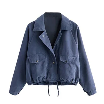 

ACOCOPY Autumn Slim Women's Jacket Women's Long Sleeve Short Jacket Tuen-down Collar Pocket Drawing Solid Color Casual Jacket