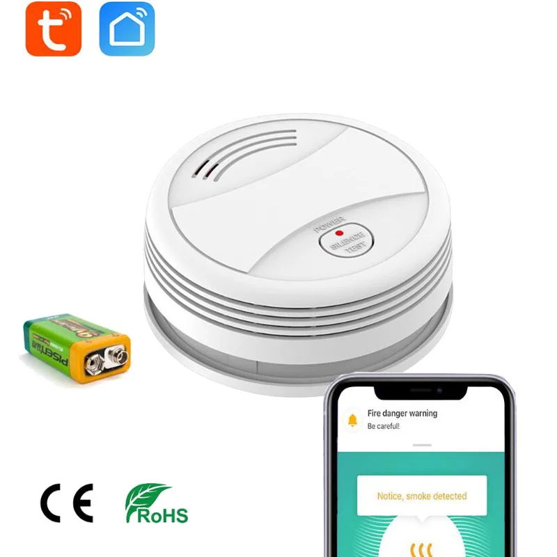 Nueva Tuya WiFi inteligente sensor detector de humo fuego alarma de sonido y luz Tuya inteligente App de alarma en tiempo real pulsador alarma de batería