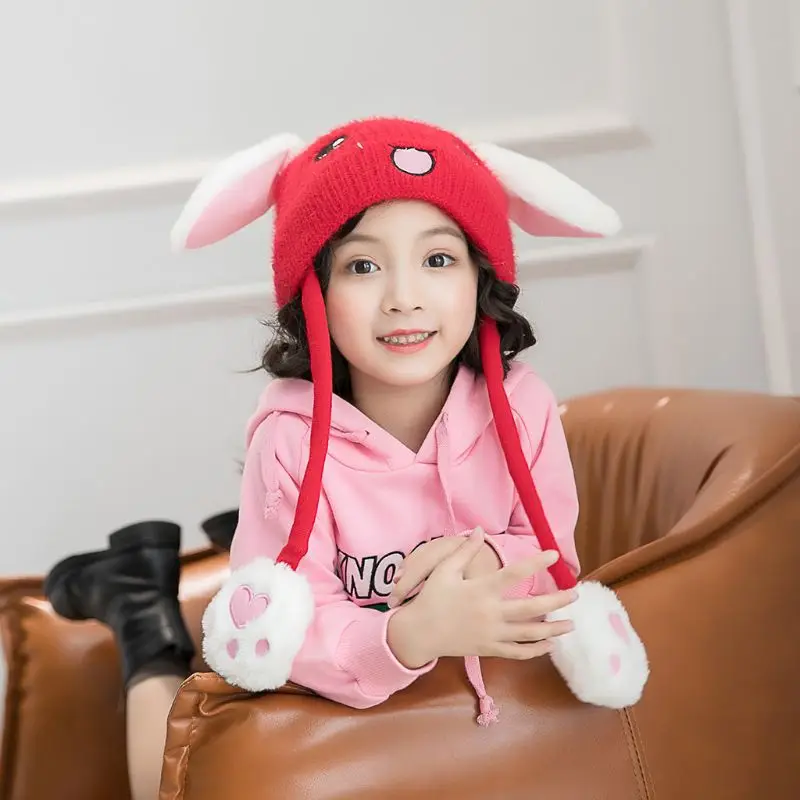 Toddler Kids Cute Rabbit Face Embroidery Knitted Hat with Airbag Moving Ears Winter Warm Thick Plush Doll Beanie Cap Gifts 1-10T