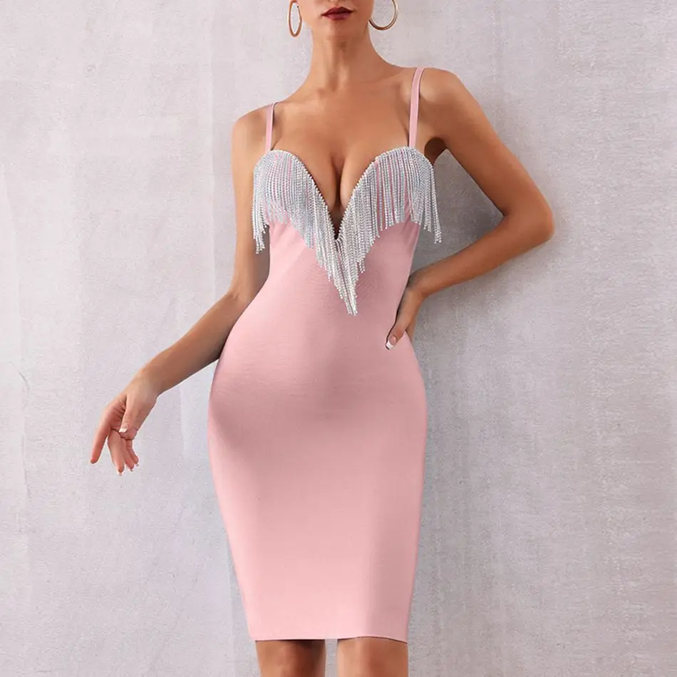 Seamyla женские кисточки Спагетти ремни для бандажа платье комбинезон без рукавов элегантные вечерние Клубные вечерние платья Vestidos - Цвет: Pink