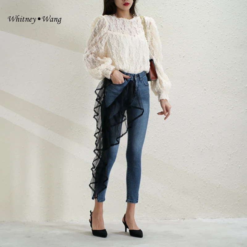 jeans with ruffles on the side