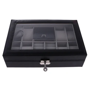 

8 Girds Watch Display Case Artifical Leather Jewelry Rings Charms Storage Box Chest with Glass Cover