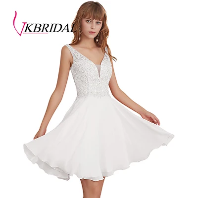 VKbridal реальное изображение трапециевидной формы мини длина кружевные Выпускные платья для кристалл для девушки Иллюзия глубокий v-образный вырез шифон Короткие платья для выпускного вечера - Цвет: White