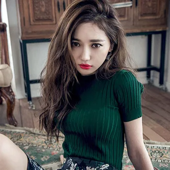 

Fashion Women Knitted T-shirt Slim Pullover Women Solid Short Sleeve Tshirt Women Thin Tight Fit O-neck Clothing Free Size