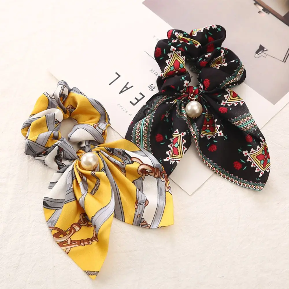 1Pcs Flower Exquisite Beautiful Print Seaside Gifts Hair Rope Adjustable Pearl 5 Colors Valentines Gift Elastic Unique Bowknot