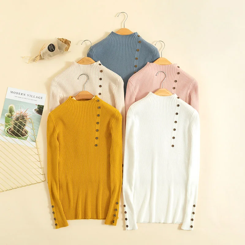 

Women Turtleneck Fitted Button Pullovers Autumn Sweater Female Fashion Chic Elegant Sweater Winter Knitted Jumper Vintage YY-852