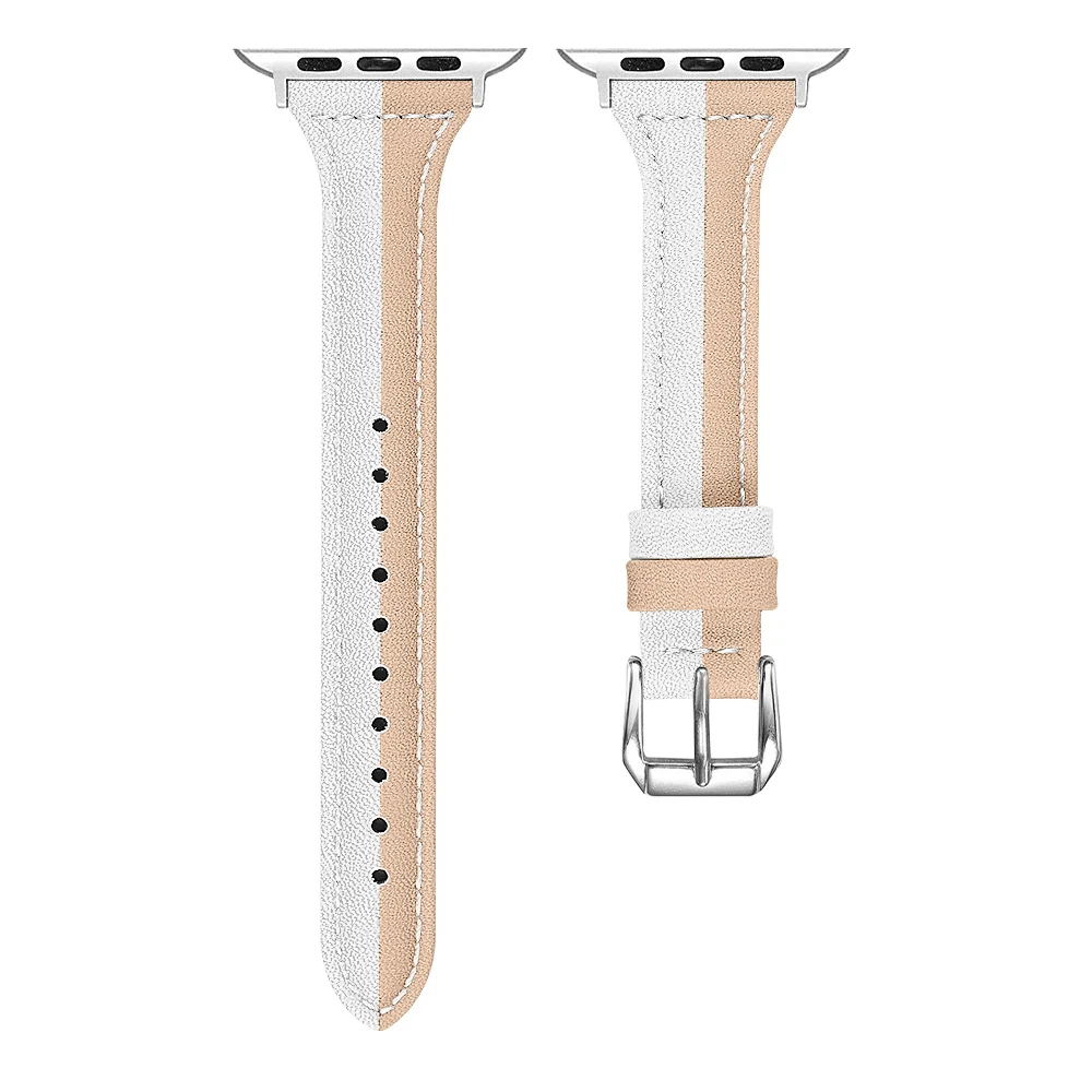Light apricot White Дизайн Комплект из двух цветной кожаный браслет для наручных часов Apple Watch, версии 5 4 3 2 1 тонкий ремешок для наручных часов iWatch, 40 мм 44 мм, 38 мм, 42 мм, ремень - Цвет ремешка: Light apricot White