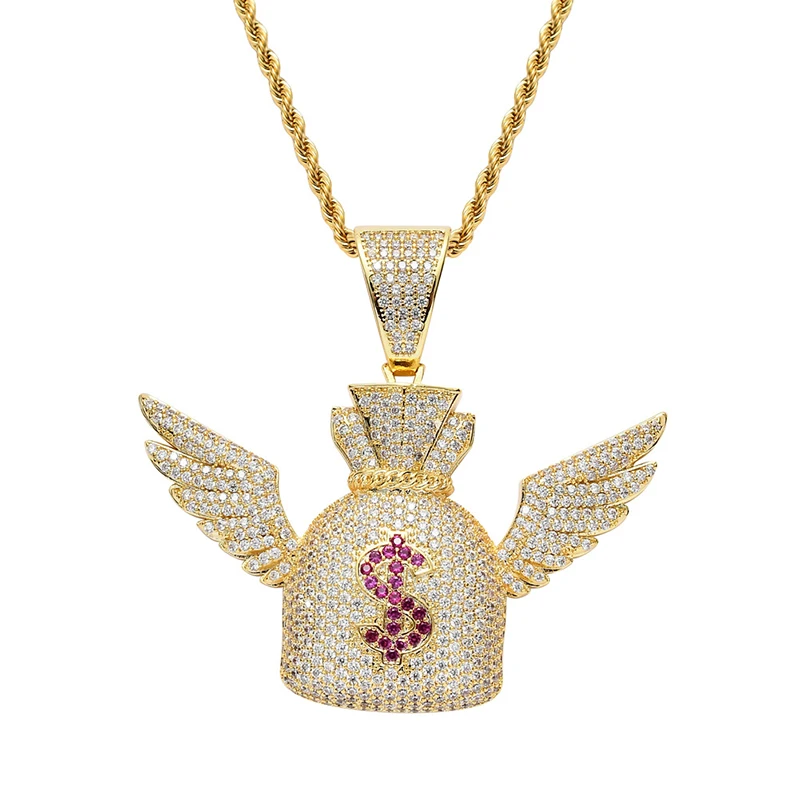 

Hip Hop AAA CZ Stone Paved Bling Iced Out Flying Dollar Money Bag Pendants Necklace for Men Rapper Jewelry Gold Silver Color