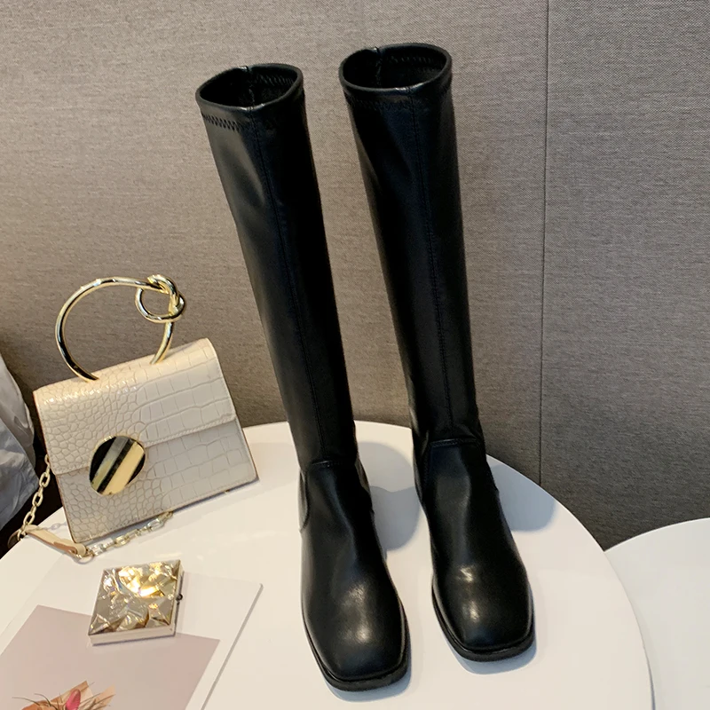 Black Beige Leather Women Knee High Boots Square Head Footwear Low Heels Female Motorcycle Boot Shoes Woman Winter New