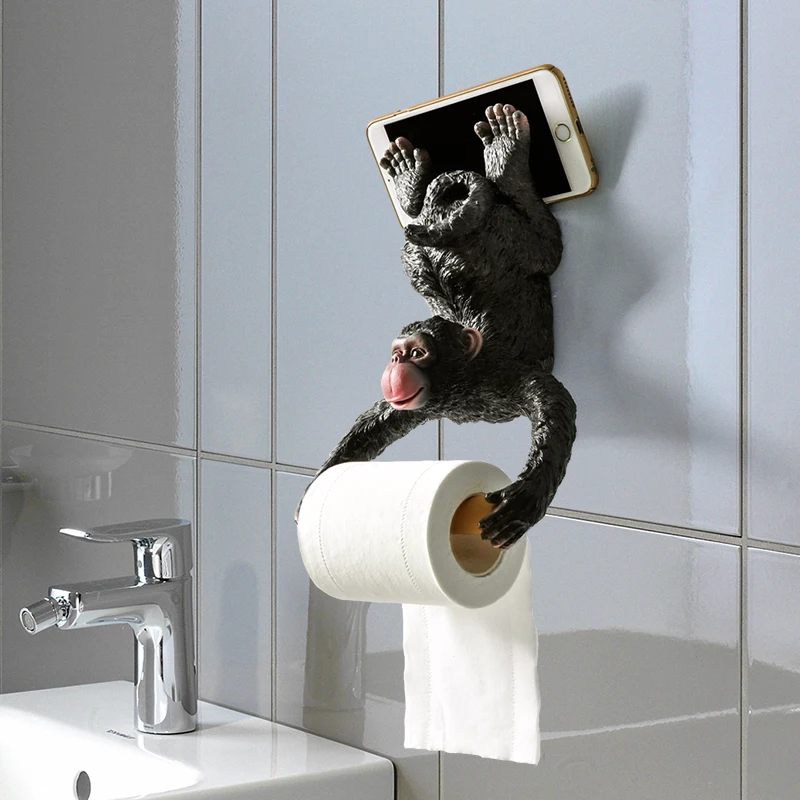 Gibbon Statue Wall Decoration Toilet  Tissue Holder Loo Ledge Black Monkey sculpture figurines Hanging Roll Tissue holder