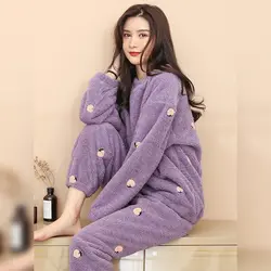 New 2021 Winter Women Pajama Sets Flannel Fruit Solid Cartoon Pyjamas Sets Coral Velvet Thicked Homewear Female Warm Sleepwear