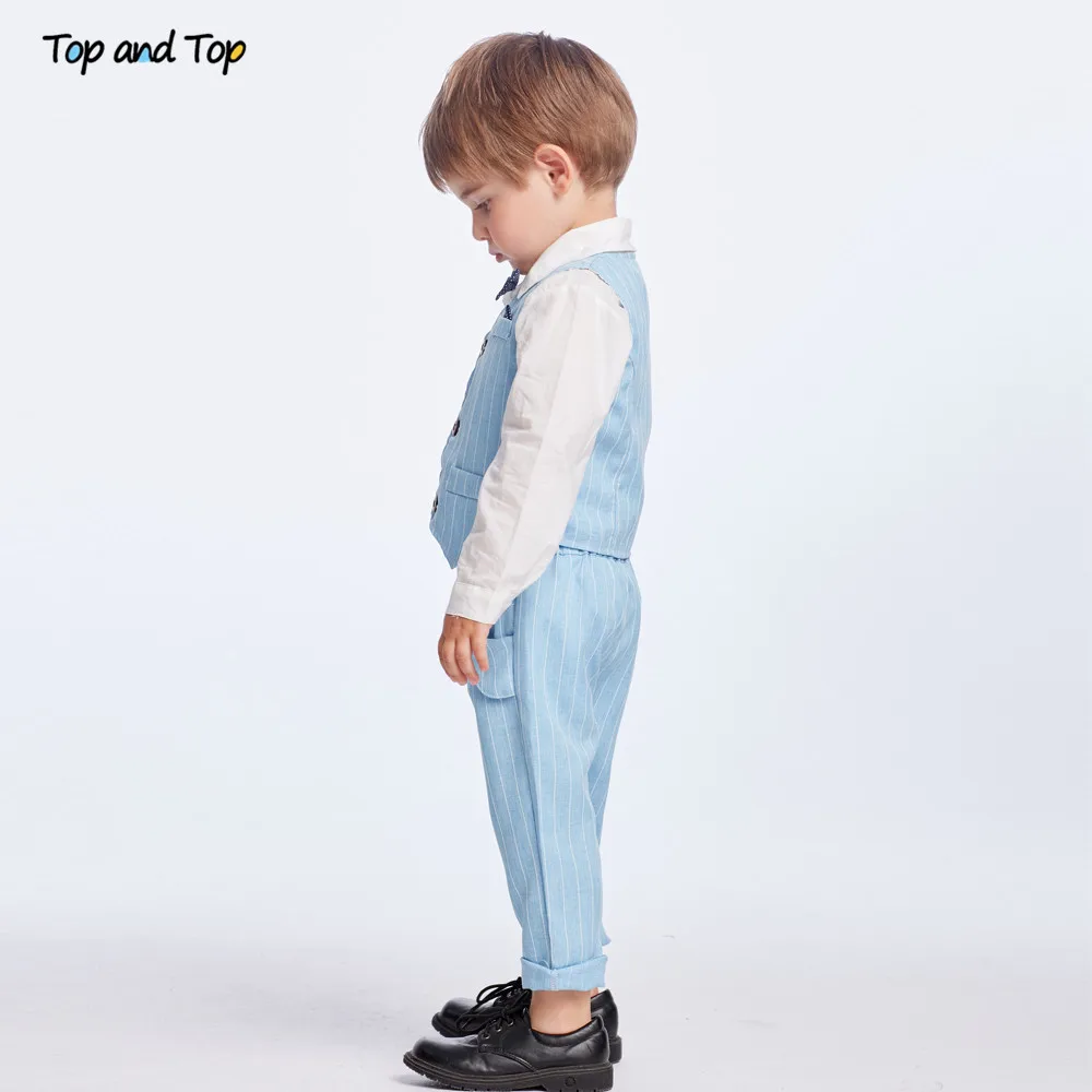 Kids Clothes Top and Top Spring&Autumn Baby Boy Gentleman Suit White Shirt with Bow Tie + Striped Vest + Trousers 3Pcs Formal Kids Clothes Set