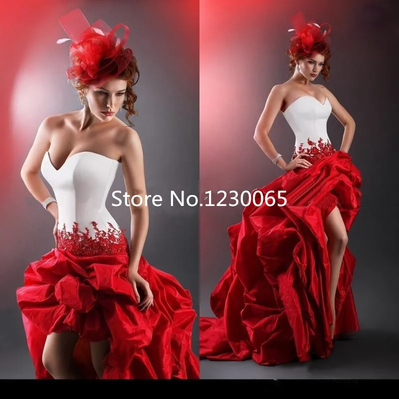 Mode Rode en Witte Kerst Jurk Korte Front Lange Back Sweetheart Kralen Kant Taffeta Bruidsjurken 2016 Bruiloft Mode Rode en Witte Kerst Jurk Korte Front Lange Back Sweetheart Kralen Kant Taffeta Bruidsjurken 2016 Bruiloft