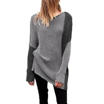 

Winter Women O-Neck Patchwork Sweaters Long Ladies Loose Knitwear Warm Casual Knitted Pullovers