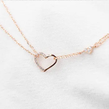 

Rose Gold Heart Shape Zircon Necklaces & Pendants Real 925 Sterling Silver Necklace For Women Fashion Chain Fine Jewelry 925-139