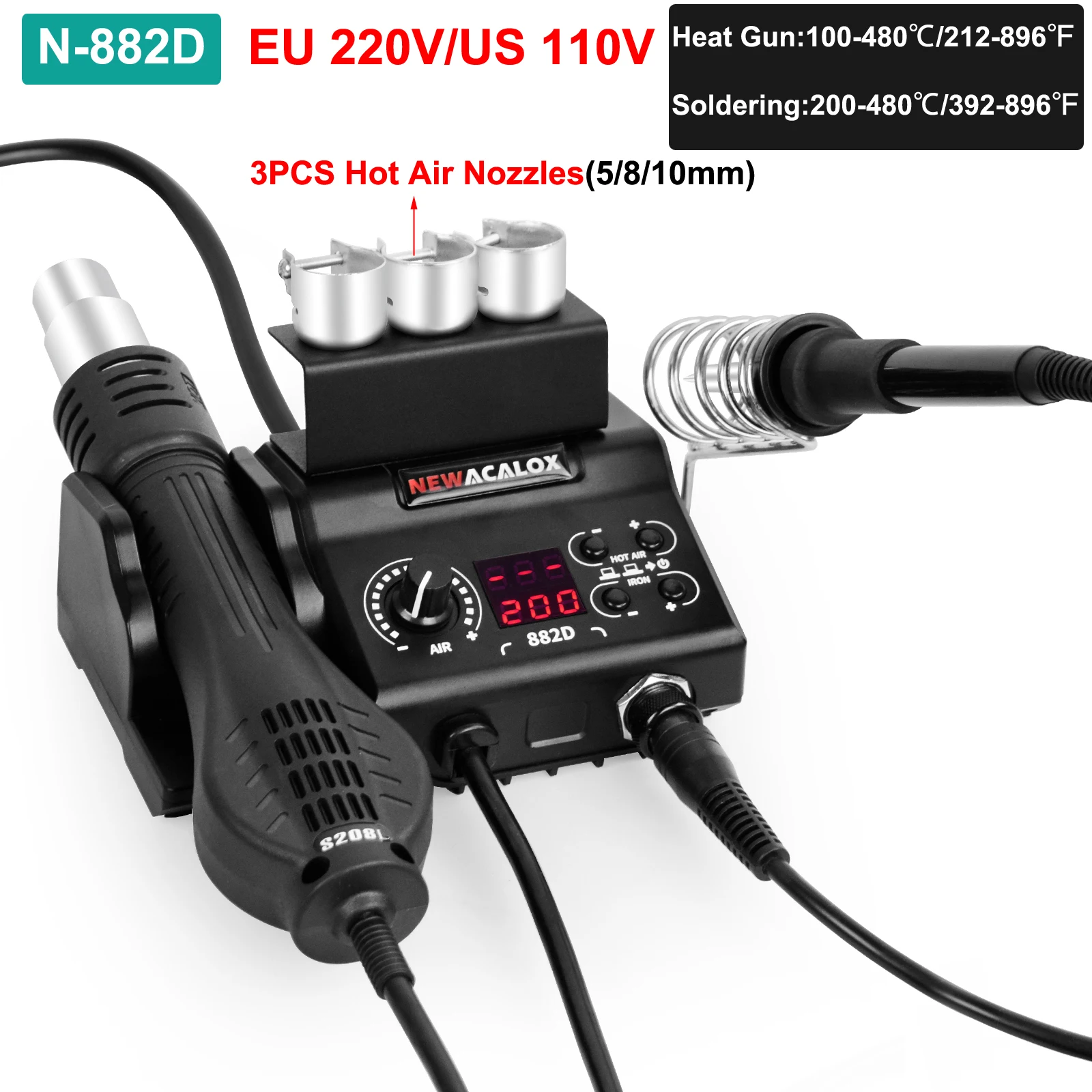 NEWACALOX Mini 2-in-1 Soldering Station 750W Hot Air Rework Station 60W Soldering Iron Fast Heating Up for PCB IC Welding Repair portable arc welder