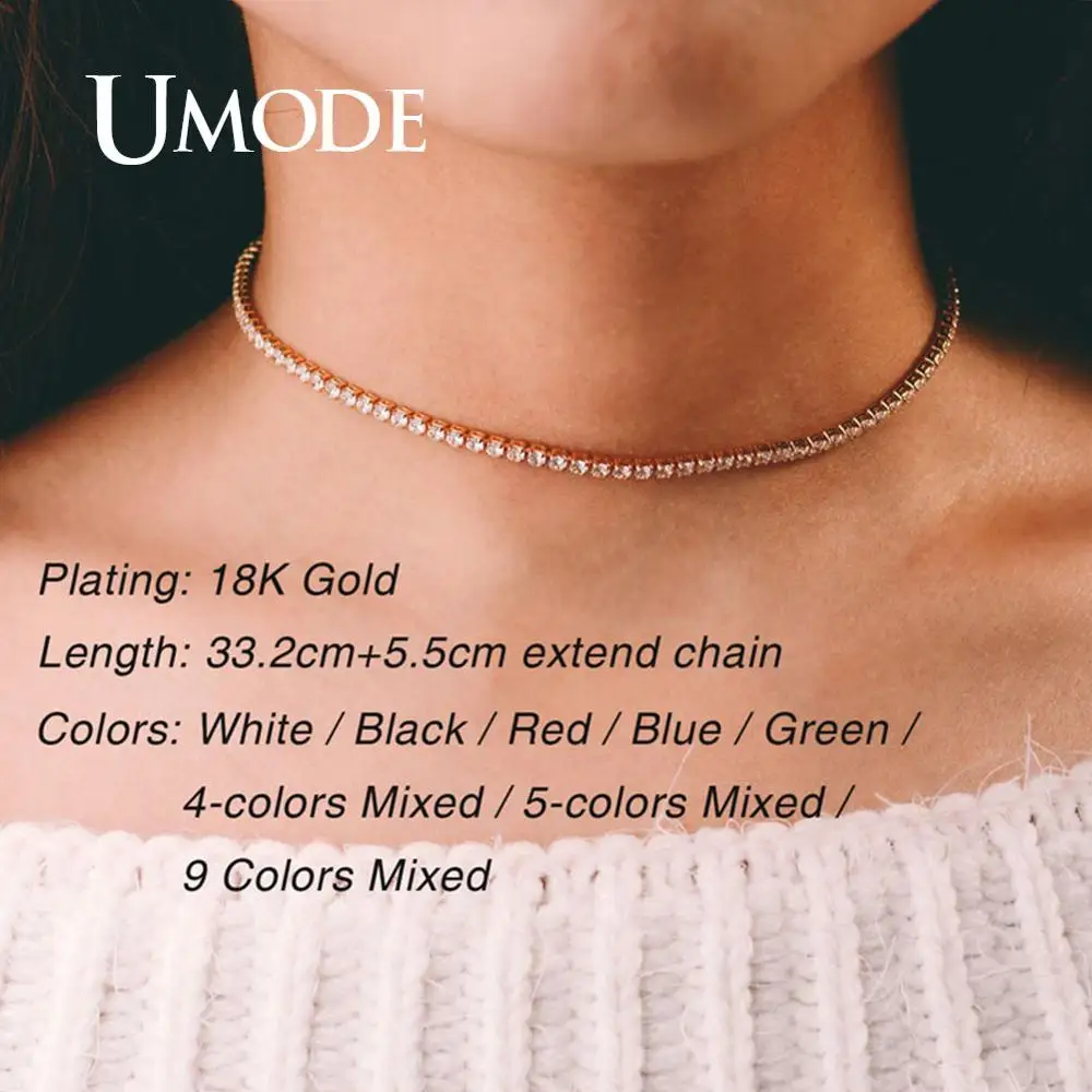 UMODE, Радужное циркониевое теннисное ожерелье s для женщин, девушек, Золотое колье, модное многослойное ожерелье, красочное CZ ювелирное изделие UN0393