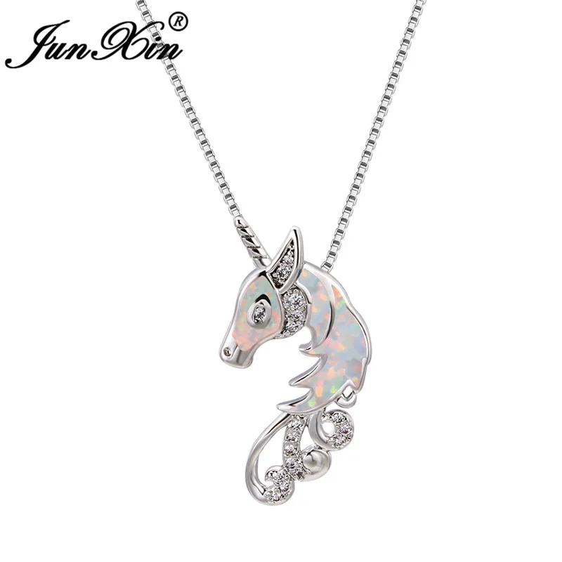 White Opal Necklace Милый кулон в виде лошади, синий, белый, огненный опал, ожерелье s для женщин, 925, серебряный цвет, радуга, камень по месяцу рождения, свадебное ювелирное ожерелье - Окраска металла: White Opal Necklace