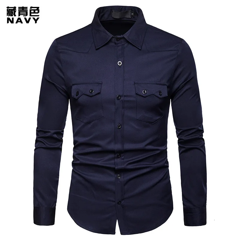 9 модный бренд Camisa Masculina рубашка с длинными рукавами Мужская однотонная приталенная дизайнерская официальная повседневная мужская рубашка Размер M-4XL - Цвет: Navy Blue