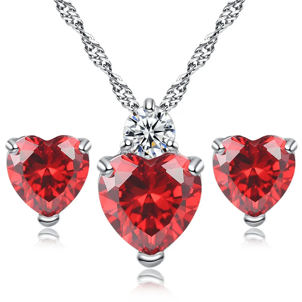 Рубиновый аметист, драгоценные камни, циркон, бриллиант, сердце, серьги-гвоздики и подвеска, ожерелье, ювелирные наборы для женщин, кристалл, белый, золотой, серебряный