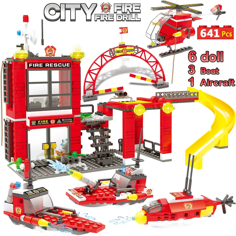 

641pcs Fire Station Building Blocks Compatible Legoinglys City Marine Firefighter Rescue Helicopter Boat Bricks Toy for Children