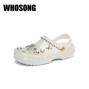 

Women Slippers Woman Rhinestone Slides Closed Toe Flats Ladies Chain Outside Slides Female PVC Brand Shoes Zapatos De Mujer New