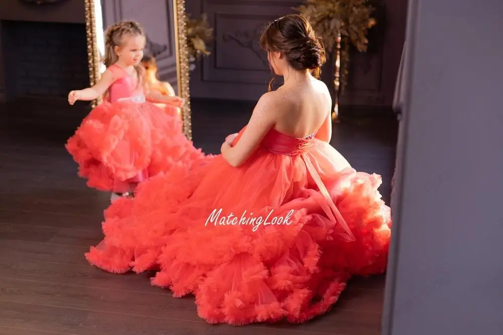 Mom And Kid Tulle Dresses Ball Gown With Crystals Ruffles Long Plus Size Extra Puffy Tulle Maternity Dresses Lace-up Back