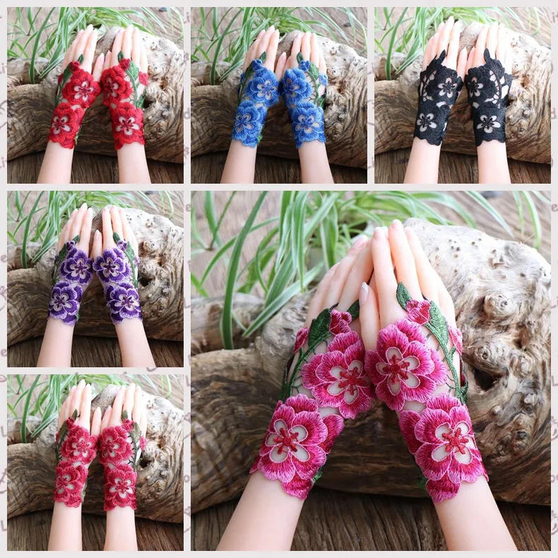 

Модные пикантные летние женские солнцезащитные короткие кружевные перчатки с открытыми пальцами, женские перчатки для вождения с принтом роз и цветов, солнцезащитные перчатки с открытыми пальцами