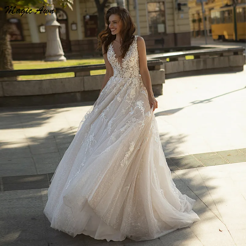 

Кружевные блестящие свадебные платья в стиле бохо Magic Awn с аппликацией и V-образным вырезом, без рукавов, блестящие свадебные платья принцессы, трапециевидные платья