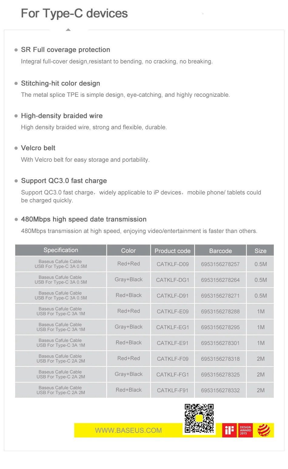 Baseus Type C Cable for Samsung S20 S22 Quick Charge 3.0 Cable USB C Fast Charging for Huawei P50 Xiaomi Mi 8 USB-C Charger Wire type of android charger