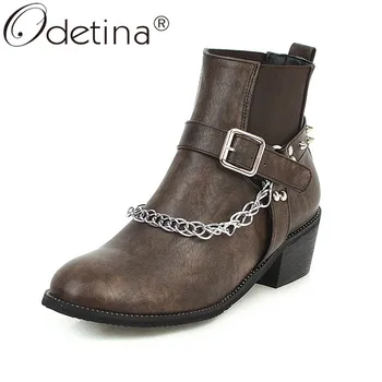 

Odetina New Women Rivet Winter Buckle Strap Ankle Boots Chunky Mid Heel Chain Elegant Autumn Pull On Booties Studded Round Toe