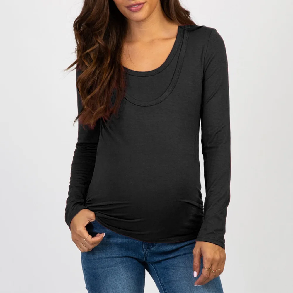 Одежда для беременных с круглым воротником; Однотонная футболка с длинными рукавами для беременных женщин; одежда для кормления; Одежда для беременных