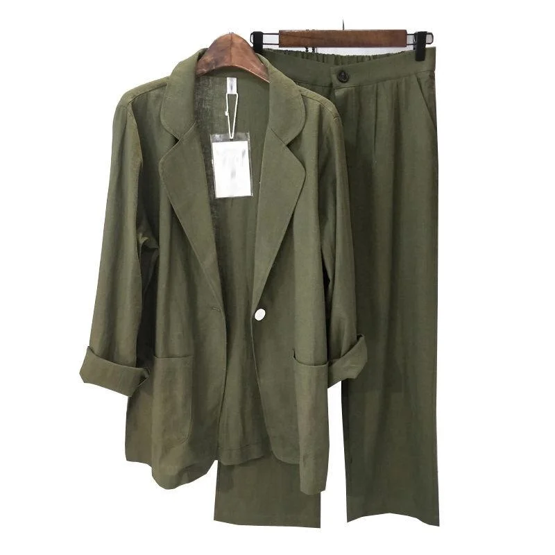 

Summer Woman Suits Lady Suit Office Thin Style Chic Women Blazer Large Size Cotton Linen Female Nine-point Pants Wide-leg Linen