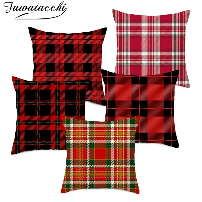 Чехол на подушку Fuwatacchi Рождественский с красным рисунком в клетку наволочки для