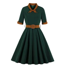 Элегантное однотонное винтажное платье в стиле ретро с цветными блоками 1940 s, цветное платье матроски с завязками на шее, женское рождественское зеленое платье