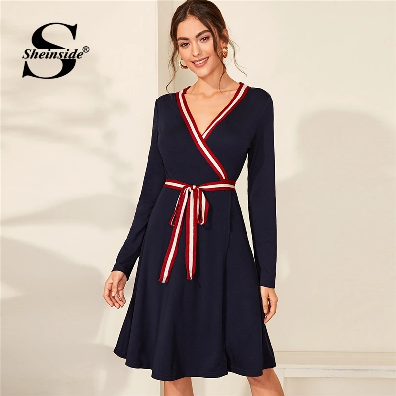 Sheinside Elegant Stripe Trim Patchwork Dress Women Autumn V Neck Wrap A Line Dresses Ladies Navy High Waist Belted Dress