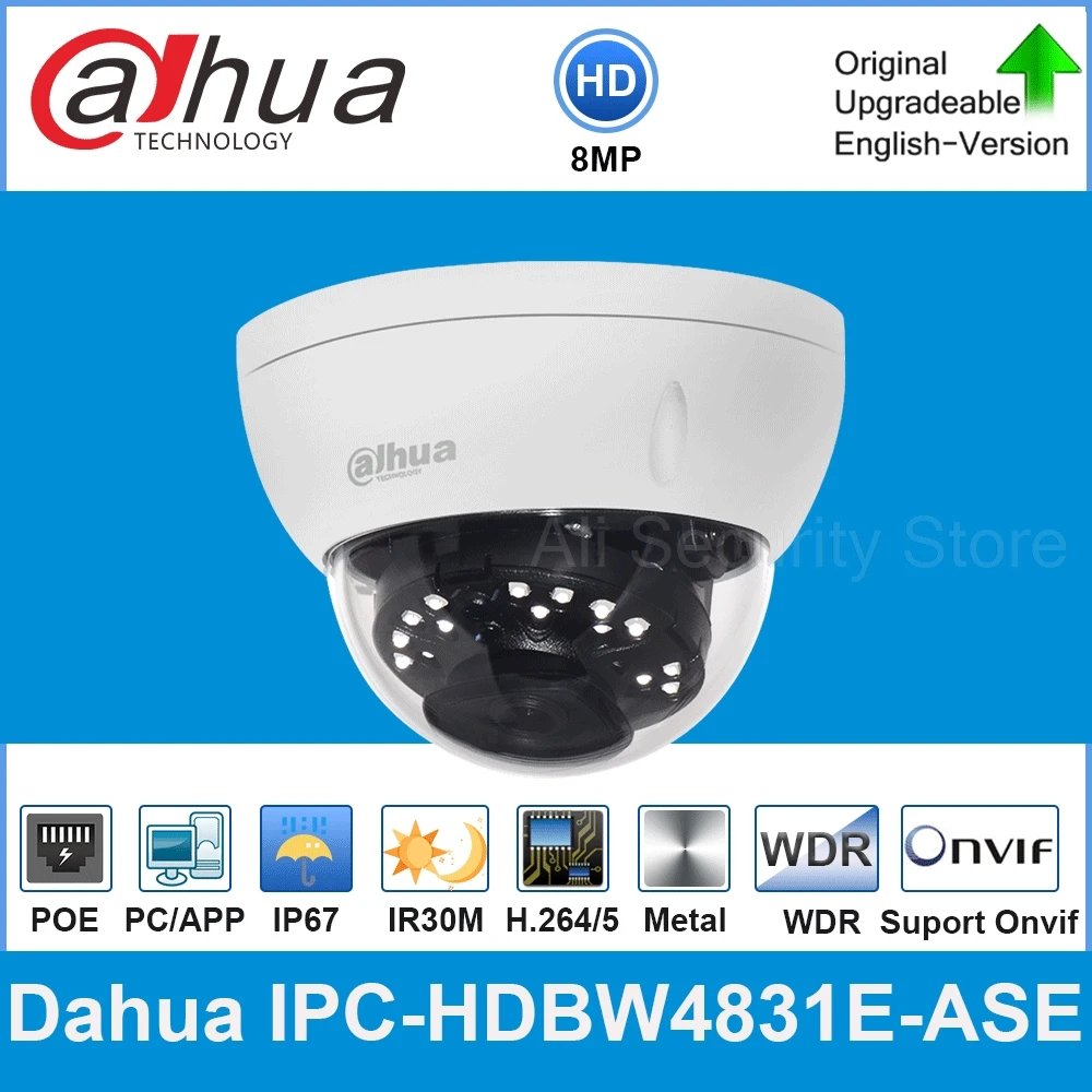 

Dahua Original IPC IPC-HDBW4831E-ASE Original 8MP Dome IP Camera Audio in/out 30M IR Micro SD Card Slot IK10 POE IP67 IK10, PoE