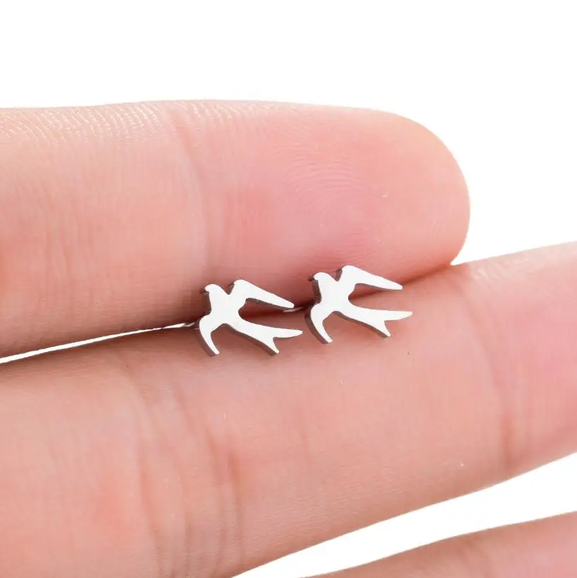 Hfarich Lovely Tiny Bird Stud Earrings For Women Kids Stainless Steel Sparrow Flying In Sky Piercing Earings | Украшения и