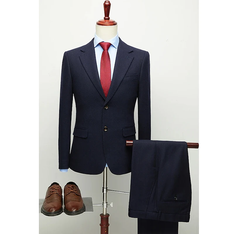 

Men's Wedding Suits 2 pcs Notch Standard Fit Single Breasted Two-buttons Straight Flapped Solid Colored Woolen Navy blue M-3XL