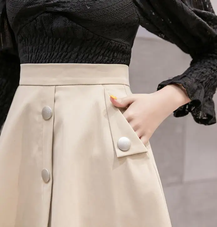 Осень-зима корейский простой Уайлд Высокая талия длинная юбка-трапеция; Женские однотонные-однобортная юбка
