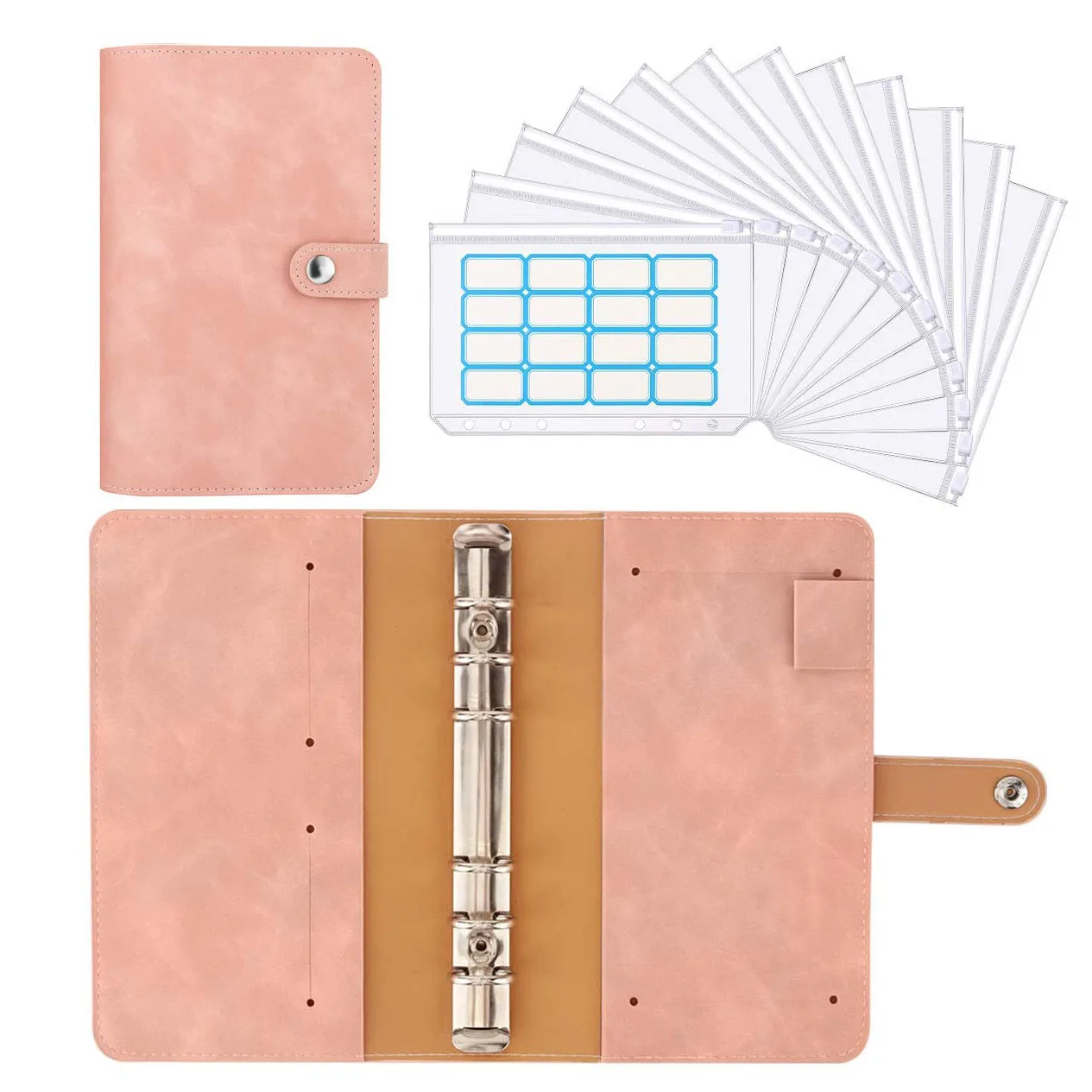 A6 PU Leather Budget Binder Money Organizer with 12 PCS Clear Plastic Zippered Cash Envelopes Pockets & Self-Adhesive Label