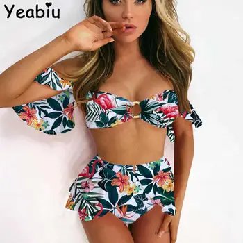 

Solid Print Swimsuit With Skirt Sexy High Waist Bikini Removable Ruffle Swimsuit Female Swimwear Women Off Shoulder Bathing Suit
