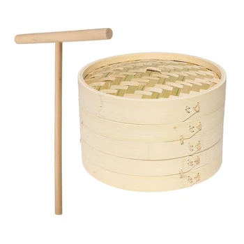 

1Pcs T Shape Crepe Maker Pancake Batter Wooden Spreader Stick & 1Pcs 2-Tier with Cover 10 Inch Bamboo Steamer Basket