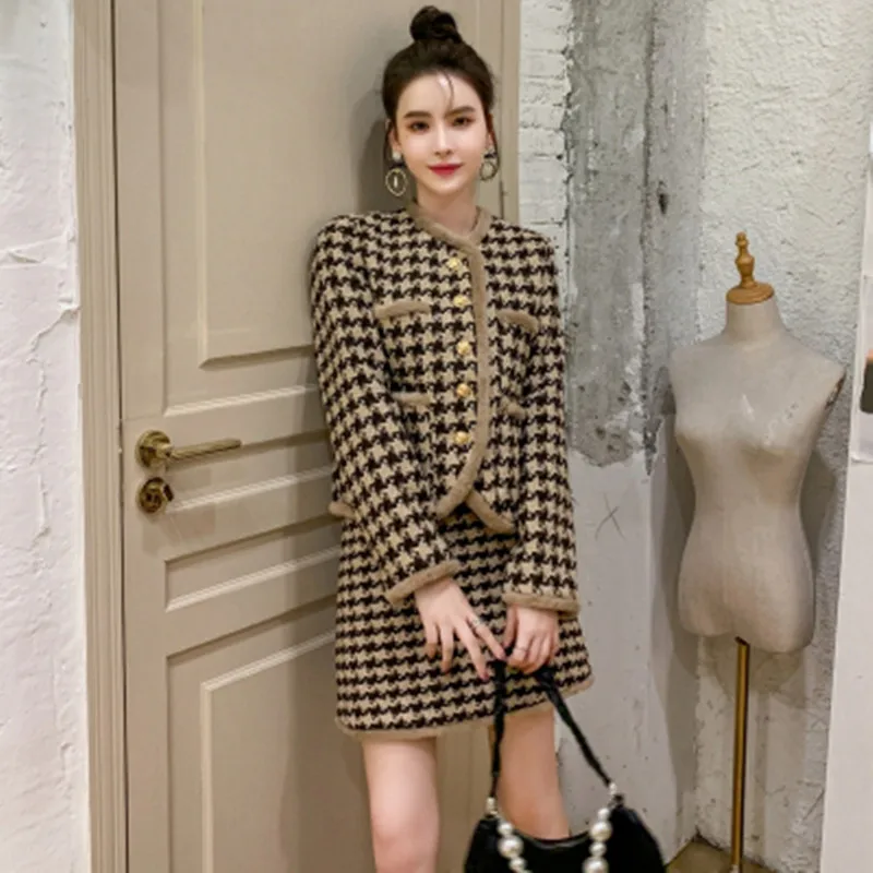 

Vintage Winter New 2 Two Piece Set Imitation Mink Fur Patchwork Houndstooth Thick Tweed Women Jacket Coat+Mini Skirt Suits