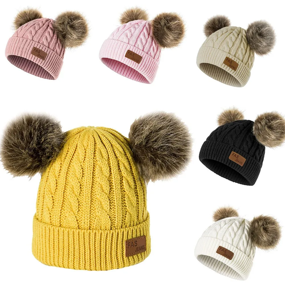 Beanies/детская зимняя шапка с помпоном, вязаная Милая шапочка для девочек и мальчиков, повседневные однотонные детские шапки для девочек@ A