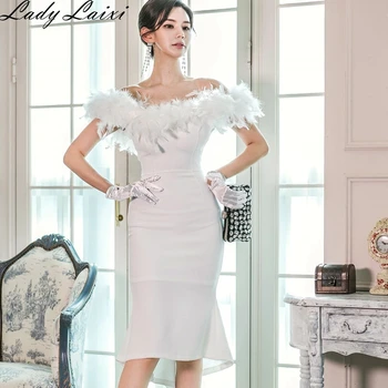 

2020 Spring off the shoulder Slash Neck Feathers Bodycon Mermaid Dress Women Sexy Party Evening party Dresses Vestidos