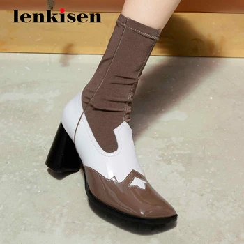 

Lenkisen new genuine leather mixed color patchwork streetwear high fashion square toe thick high heel slip on mid-calf boots L03