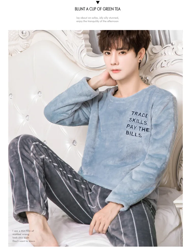 Thicken Flannel Men's Pajamas Two Piece Fashion Print Feather Home Clothes Loose Soft Homewear Pajamas Warm Winter 2Pieces/Set satin pajamas